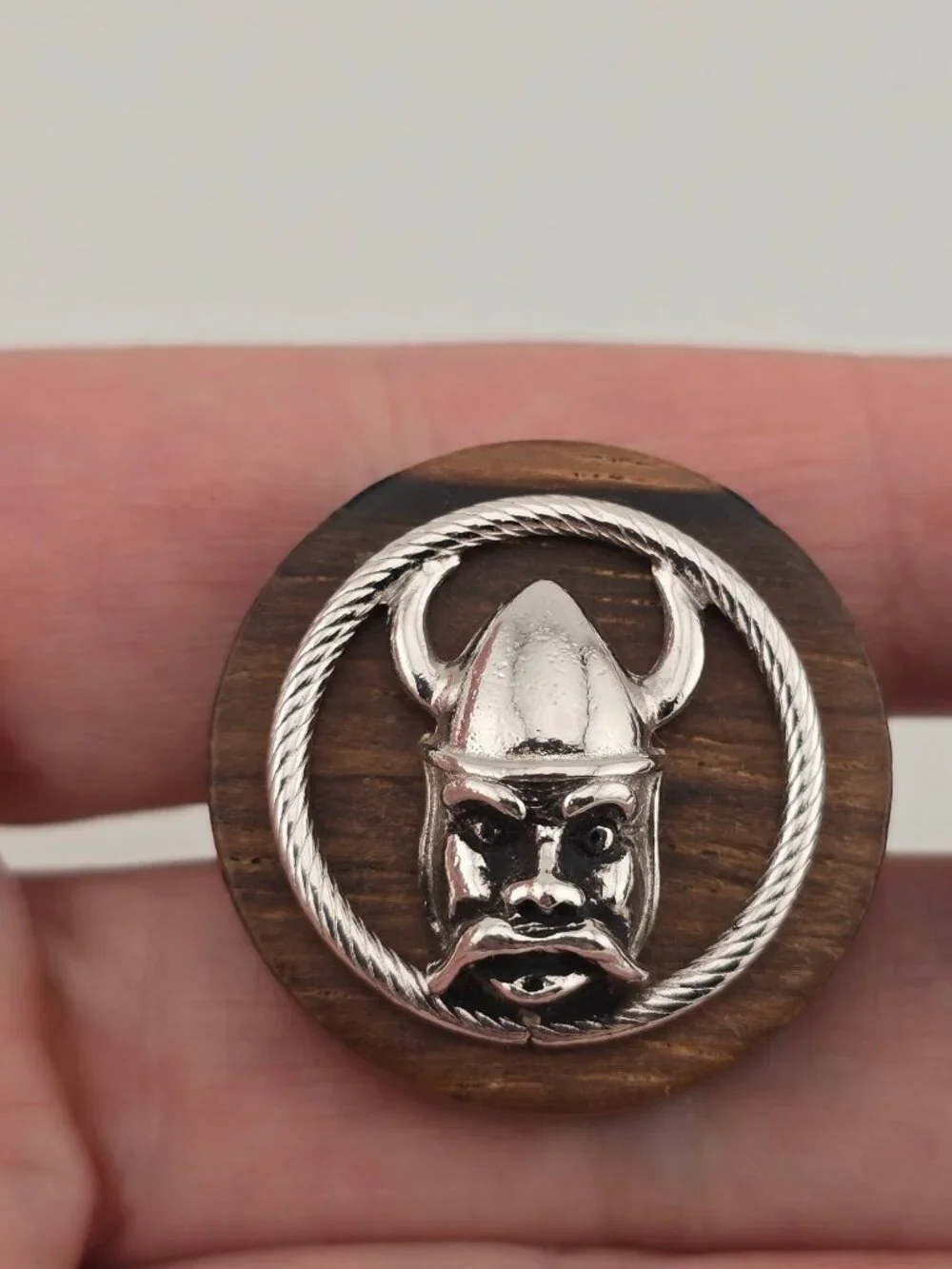 Vintage Swank Viking Wood & Silver-Tone Cufflinks Round With Horned Helmet